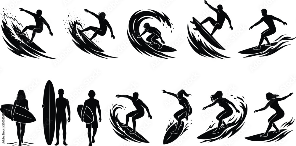 Fototapeta premium Surfing silhouettes collection dynamic surfers riding ocean waves vector illustration set for summer sport and beach lifestyle design