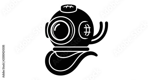 Silhouette of a diving helmet with a rounded glass front and attached breathing apparatus.