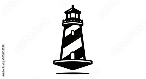 Minimalist lighthouse illustration with striped tower on plain white background.