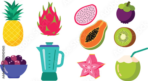 Tropical Fruits and Blender Vector Set with Pineapple, Dragon Fruit, Kiwi, Papaya, Mangosteen, Coconut, and Starfruit for Smoothie or Juice Illustration Designs