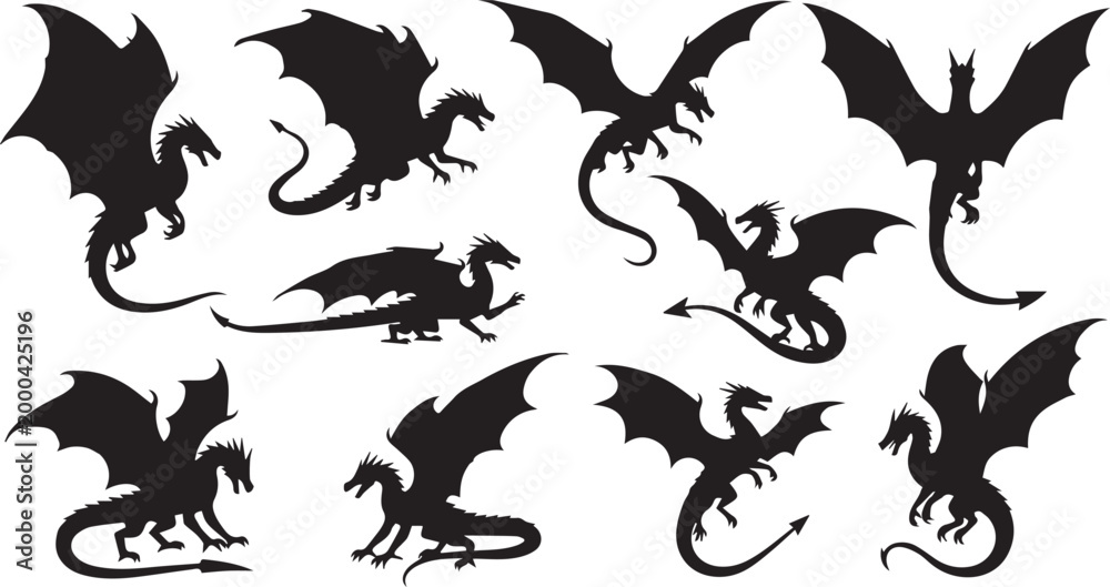 Fototapeta premium Flying Dragon Silhouettes Fantasy Mythical Creature Icon Set