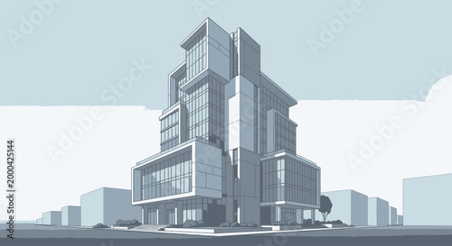 Modern corporate skyscraper architecture illustration with glass facade and urban business tower perspective, professional city building concept for real estate marketing, finance branding and constru