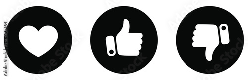 Love, like, and dislike icon vector illustration set on black circle background, featuring heart symbol, thumbs up, and thumbs down gesture representing emotional feedback, user reactions, and social
