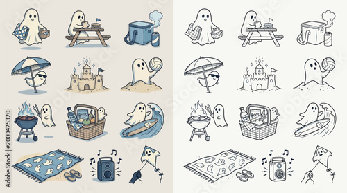 A charming collection of cute ghost characters enjoying a delightful summer beach picnic, complete with sandcastles, surfing, and outdoor activities.