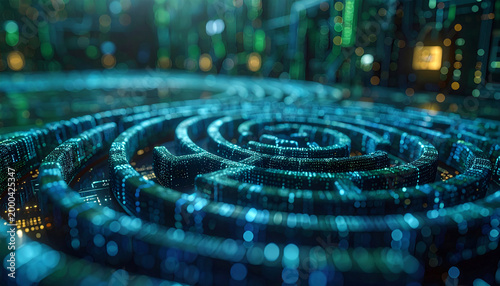 Digital Labyrinth: A captivating digital maze, its intricate pathways glowing with futuristic brilliance, symbolizes complexity and innovation.