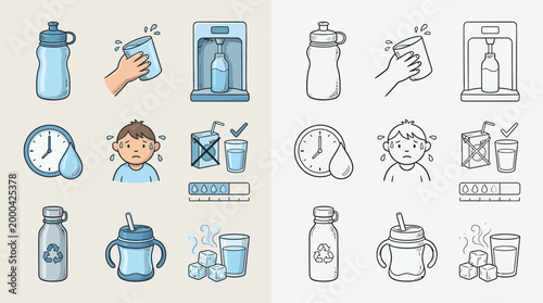 Collection of hand-drawn icons illustrating hydration, water consumption, and related concepts.