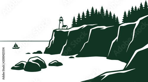 Coastal cliff lighthouse landscape flat monochrome style vector illustration
