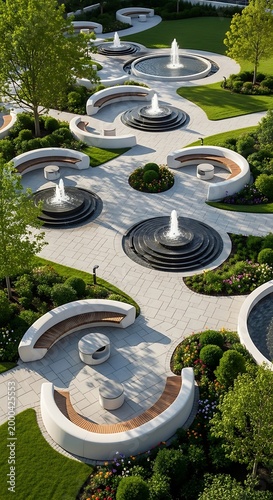Elegant Modern Garden Design with Cascading Fountains and Seating Areas.