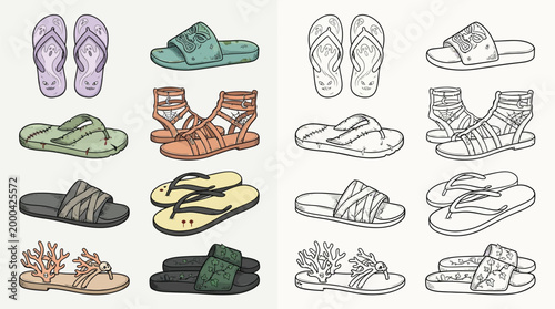 A collection of colorful and black and white illustrations of various types of sandals and flip-flops for women.