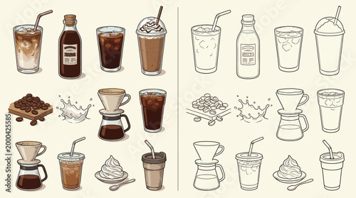 A collection of hand-drawn illustrations depicting various coffee drinks and brewing methods, presented in both colored and line-art styles.