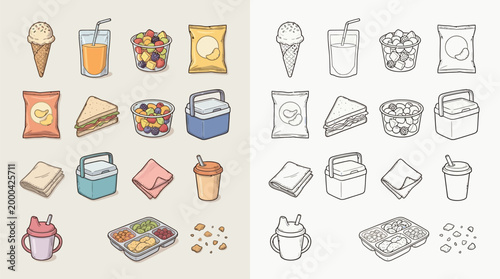 A collection of colorful and grayscale illustrations of various picnic and snack items, including food, drinks, and accessories, presented in a grid layout.