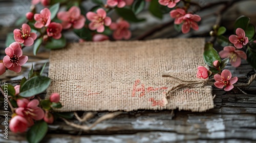 Rustic floral arrangement with delicate pink blossoms framing a blank burlap canvas, providing a charming backdrop for invitations, announcements, or product displays.