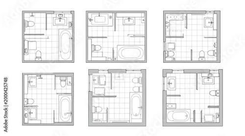 Set of six different bathroom floor plan layouts with fixtures