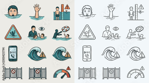 Collection of icons depicting water safety, rescue, and disaster preparedness, including drowning prevention and tsunami warnings.