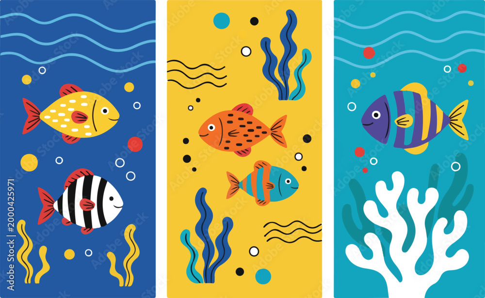 Naklejka premium Cute Flat Design Underwater Fish Illustration Set