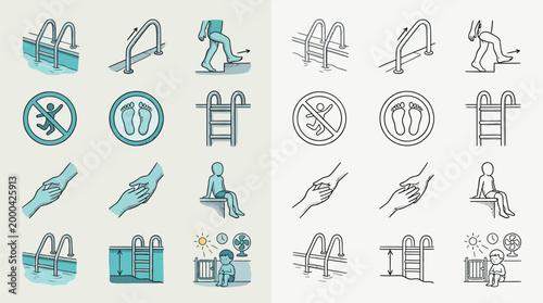 Collection of safety and usage icons for swimming pools, illustrating rules and potential hazards.