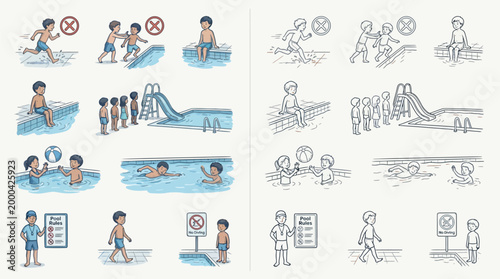 Illustrations depicting swimming pool safety rules and proper behavior for children, including no running, no pushing, waiting turns, and supervised play.