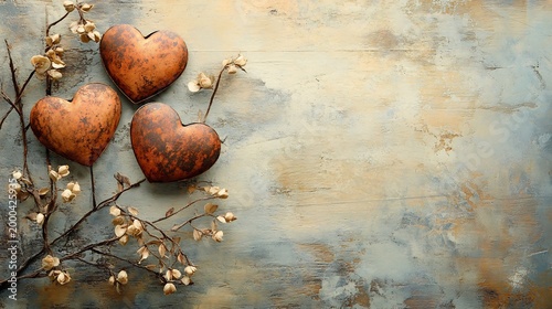 Rustic hearts and delicate branches create a serene, textured backdrop with ample copy space for Valentine's Day promotions, wedding invitations, or heartfelt messages.