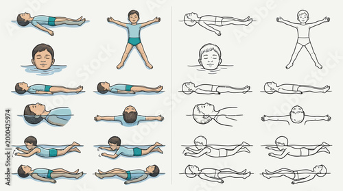 Illustrations demonstrating various swimming positions and water safety techniques for children, including floating and basic strokes.
