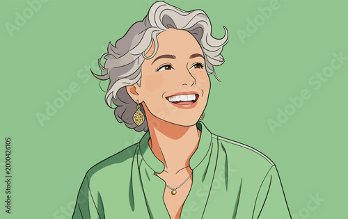 Joyful Senior Woman with Curly Gray Hair Smiling in Green Outfit