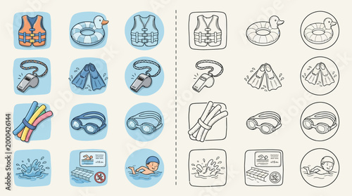 A collection of colorful and monochrome hand-drawn icons representing swimming pool essentials and activities, including safety gear, accessories, and people enjoying the water.