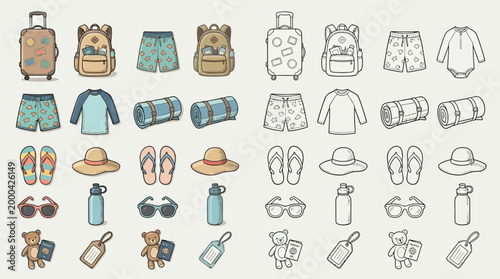 Collection of colorful and outline illustrations of travel essentials and clothing for a vacation.