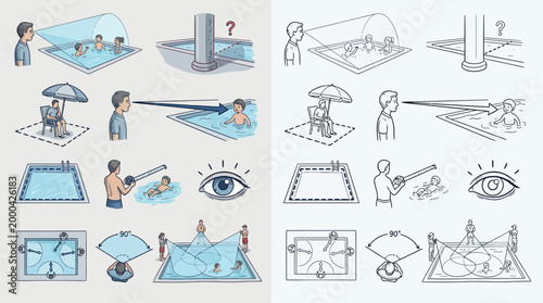 Diagrams illustrating different methods and perspectives for observing swimmers in a swimming pool, including overhead views, side views, and surveillance systems.