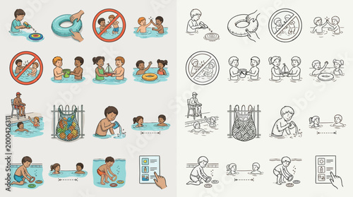 A collection of illustrations depicting swimming pool safety rules and guidelines for children, including warnings and proper behavior.