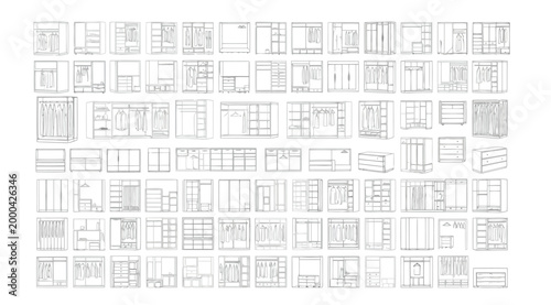 Set of various wardrobe and closet furniture line art icons
