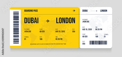 Air plane ticket template. Realistic airline ticket design with passenger name. Plane ticket vector template or airline boarding pass ticket isolated. Airline flight pass concept.
