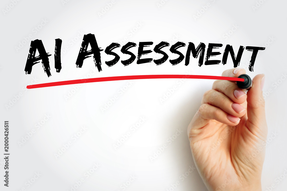 Fototapeta premium AI Assessment handwritten with brush typography and red underline, symbolizing artificial intelligence evaluation, analytics, data testing, and digital learning measurement concept