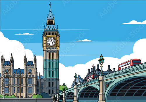 Vibrant vector illustration of London landmark Big Ben with Westminster Bridge and red double-decker buses.