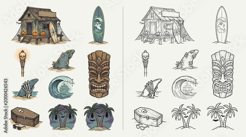 Collection of Tiki-themed illustrations featuring a beach hut, surfboards, tiki masks, and tropical elements, presented in both color and sketch styles.