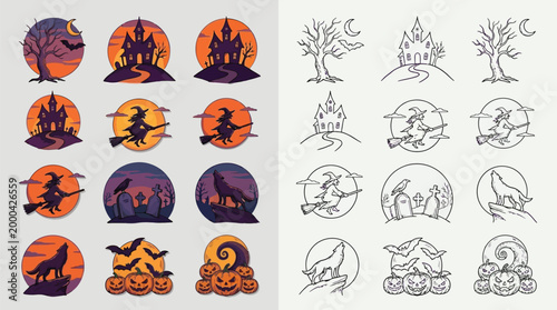 Collection of Halloween-themed circular illustrations featuring haunted houses, witches, bats, pumpkins, and howling wolves against moonlit skies.