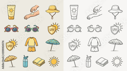 Collection of colorful and monochrome icons representing summer essentials for sun protection and beach activities, including sunscreen, hats, sunglasses, swimwear, and umbrellas.