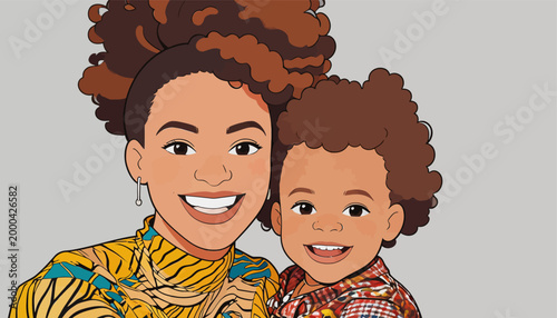 Happy Black Mother and Son Portrait Illustration