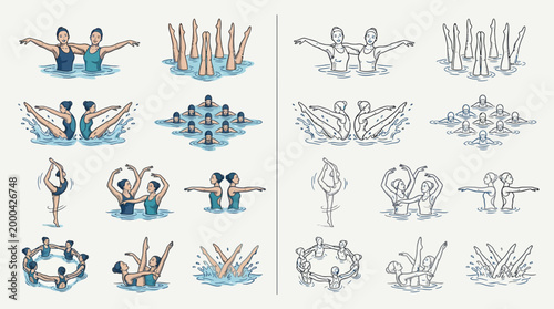 Schilderij op canvas Illustrations showcasing various synchronized swimming poses and formations performed by athletes in water