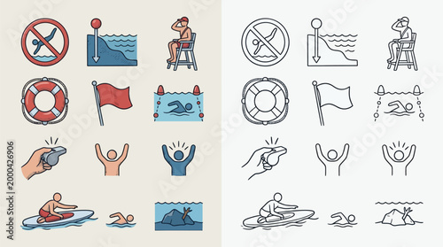 Collection of lifeguard and swimming pool safety icons, presented in both color and line art styles.