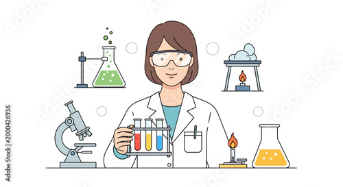 Scientist in Lab Coat with Test Tubes, Microscope, and Flasks - Science Research