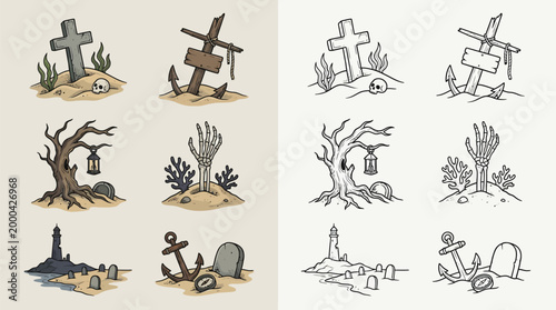 Collection of spooky graveyard and nautical-themed illustrations featuring tombstones, anchors, skeletal remains, and gnarled trees.