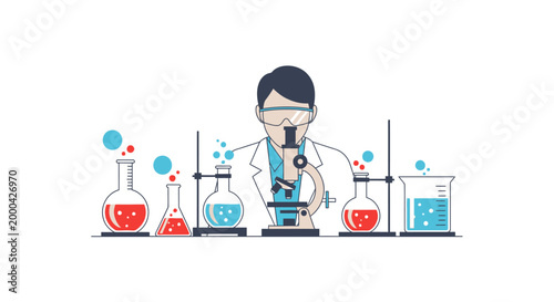 Scientist in Laboratory with Microscope and Chemical Flasks