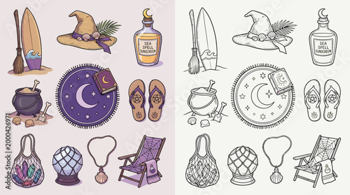 A collection of whimsical beach and witchy-themed items, including a surfboard, witch hat, potion bottle, cauldron, beach chair, and crystal bag, presented in both color and line art.