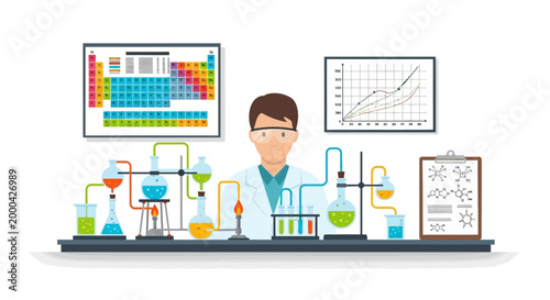 Scientist in laboratory with chemistry equipment, periodic table and graphs