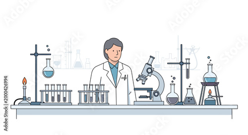 Scientist in laboratory with microscope and test tubes, conducting research