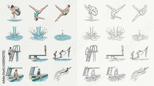 Collection of illustrations depicting various diving poses, water splashes, and swimmers preparing to dive from different platforms.