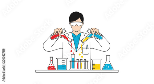 Scientist mixing colorful liquids in laboratory beakers and test tubes, science experiment