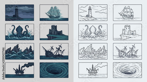 Collection of nautical and maritime illustrations depicting lighthouses, ships, sea monsters, shipwrecks, and natural phenomena.