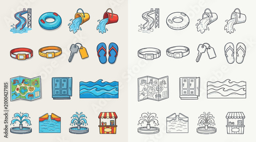 Collection of colorful and monochrome icons representing water park attractions, accessories, and amenities.