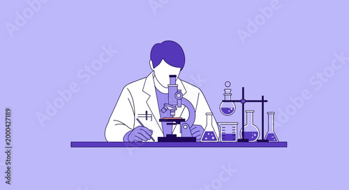 Scientist Using Microscope in Laboratory with Scientific Equipment