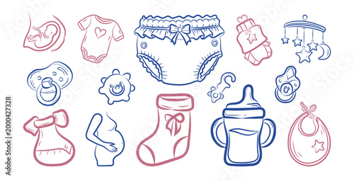 Hand Drawing line art Pregnancy and baby doodle icon set vector illustration, Modern and stylish vector illustration of baby doodle item and Pregnancy icon design